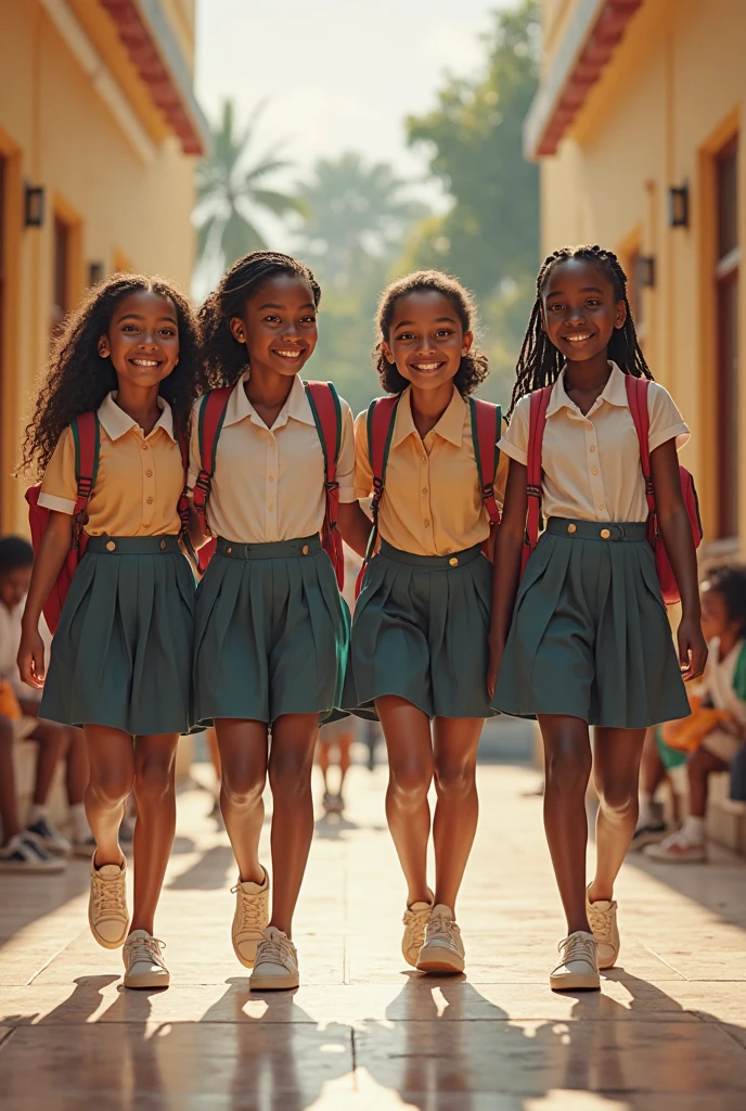 three african american children riding a vintage train to school, school books
