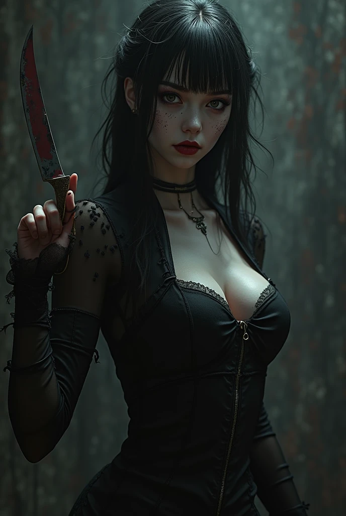 1girl, heavy goth makeup, fantasy character, cyberpunk horror, dark fantasy, navel, gothic mage, dark red eyes, bloody eyes, dripping blood