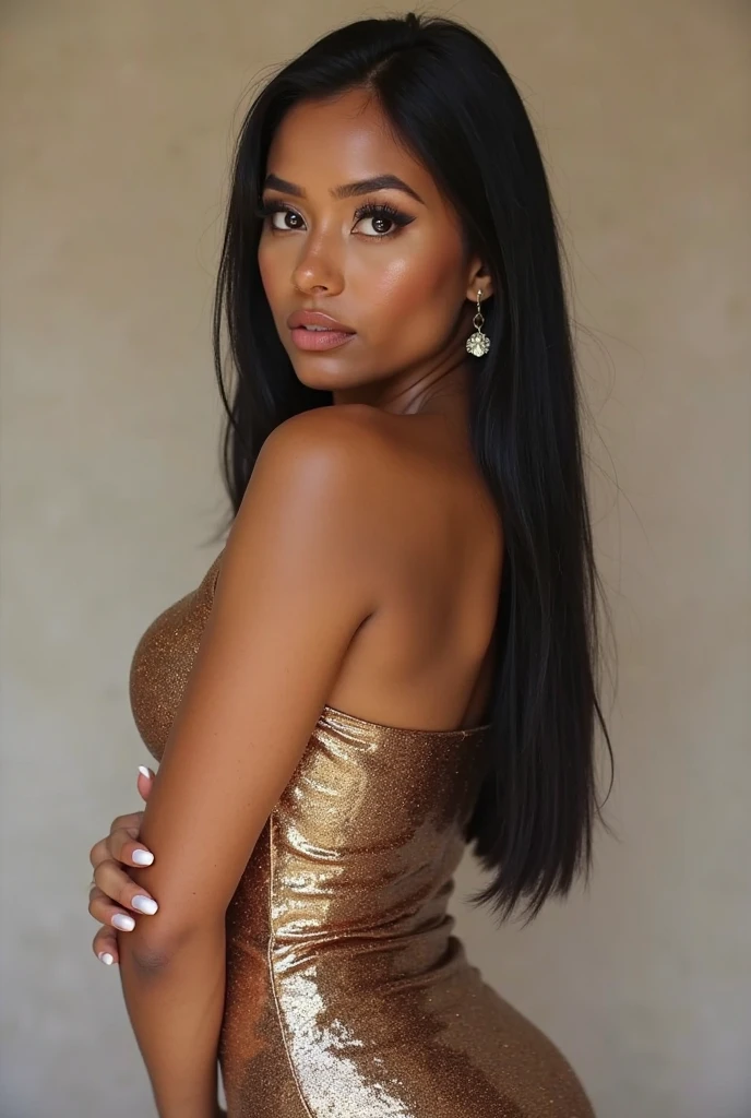 high resolution photo frontal portrait of a black woman that a striking and captivating appearance that exudes elegance and charm. She has long, flowing straight black hair that cascades down her shoulders, adding a touch of enchantment to her overall look. Her eyes are a mesmerizing shade of light brown, reminiscent of honey, and they sparkle with intelligence and warmth. Carolina's features are perfectly balanced, with an elegant nose and softly defined cheekbones. Her smile is radiant and infectious, lighting up the room whenever she enters. Her lips are naturally full and rosy, adding a touch of allure to her already captivating presence. Carolina takes great care of herself, maintaining a flawless complexion that glows with a healthy radiance. Her skin is smooth and has a warm, golden undertone, further enhancing her natural beauty. Carolina is known for her impeccable sense of style. She exudes confidence and sophistication, effortlessly pulling off a range of fashion looks. Her wardrobe is a carefully curated collection of elegant and chic pieces. Whether she's dressed in a tailored suit, a flowing evening gown, or casual yet trendy streetwear, she always manages to look effortlessly put together. She has a knack for accessorizing, often opting for statement jewelry that adds a touch of glamour to her outfits. In terms of body type, Carolina has a slender and statuesque figure. She possesses graceful and confident posture, which accentuates her overall allure and magnetic presence. Overall, Carolina Mendes is a vision of beauty, charm, and sophistication. With her captivating appearance and radiant personality, she effortlessly commands attention and leaves a lasting impression on everyone she meets --style raw --ar 3:4 --v 6.0