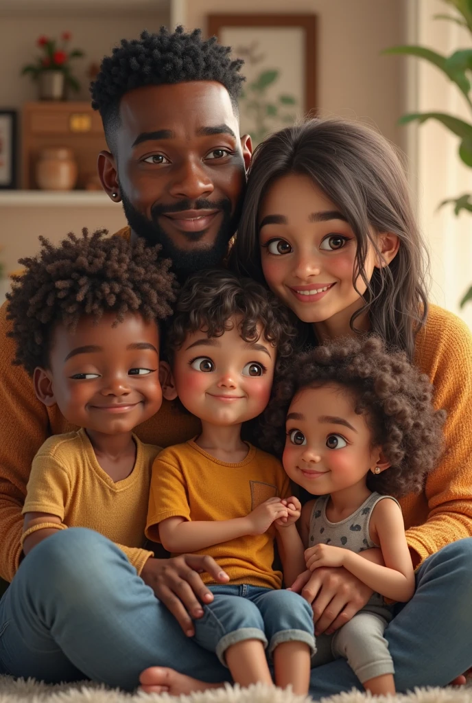 A white woman with medium black hair, A black father in a black cap, with a white boy with curly black hair in her arms. A young brunette daughter with curly hair on the left side, and another young white daughter with straight black hair, on the right side, happy