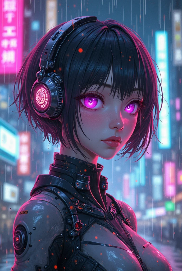 cyberpunk anime girl with short black hair and glowing purple eyes, mechanical headset with neon accents, futuristic Tokyo cityscape in the background, holographic elements floating around her, sleek techno-armor suit, digital rain effect, vivid pink and cyan lighting, high-detail sci-fi concept art, cinematic lighting
