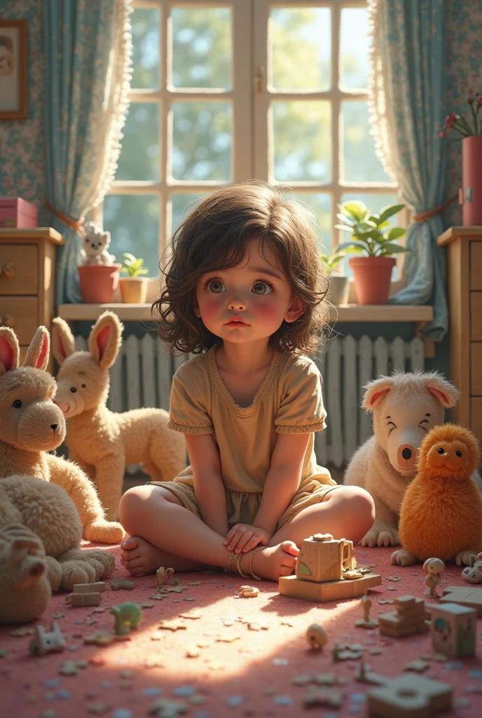 A young girl sits on the floor of a living room, surrounded by scattered toys, looking bored and uninspired. The scene should resemble a Vermeer painting, with soft natural light streaming in through a window. The people in this image must be black and with Brazilian characteristics.