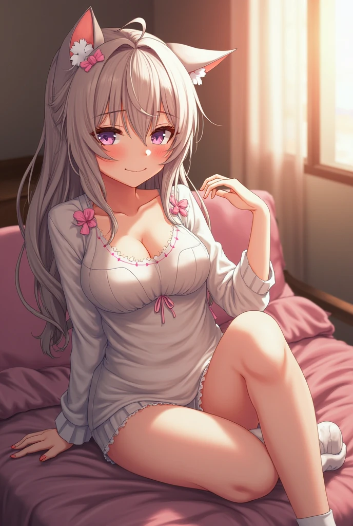 Beautiful illustration、top-quality、Cute girl room、Pastel colored Luffy rabbit ears、小柄、Silver long hair、rabbit stuffed、Bright lighting、Bright purple eyes、a bed、Small cleavage、night landscape、Looks Back
