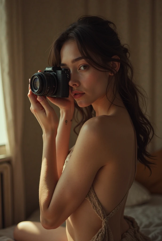 [:(Face detail: 1.4): 0.4], 16K resolution, 4k resolution, alistic: 1.4),(contrasting background: 1.5), (intime), (Technologie NVIDIA RTX Ray Tracing), (image couleur), (Skinny hips), 8-year-old girl, Emma Watson, very pretty and delicate, naked, dressing room, selfie with kamera, Blickt von hinten in die Kamera.