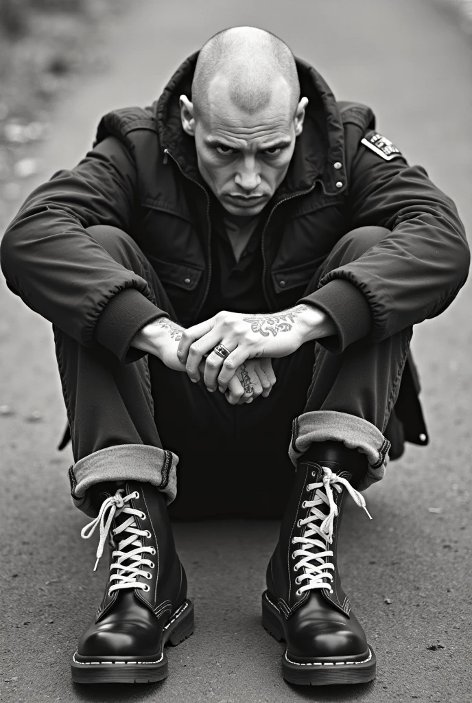 A man without a shirt and tattooed, sitting in front of the house, wearing baggy pants, wearing a hat, carrying a gun, sticking out his tongue mockingly, fully tattooed,Skinny, black shoes, black baggy pants, behind there is a woman in uniform
