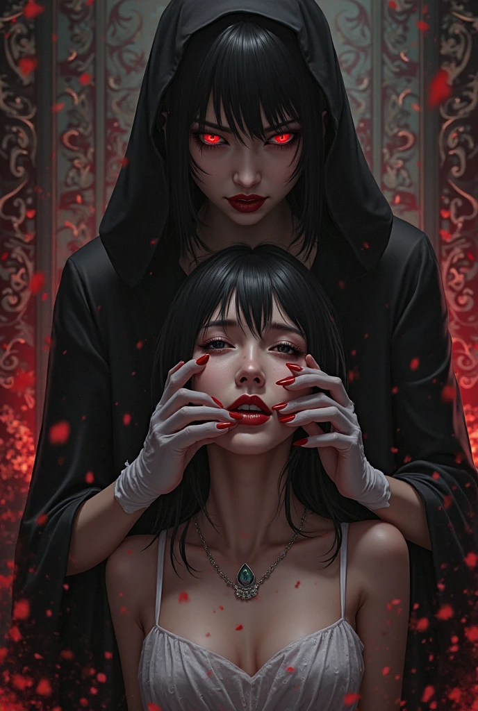 (very sharp result, full body desaturated photo) (((textile shading))), (((Best Quality))), (((masterpiece))), (((hyper realistic photo))) 2 pale vampire girl hold, make out & kiss each other) black & crimson robe outside, naked inside, showing big breast with red nipples, red castle mood lighting