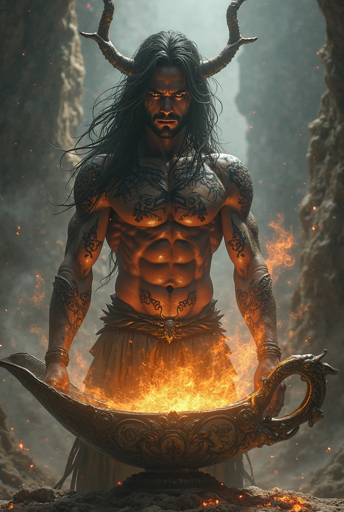 (8k,photorrealistic　RAW photograph　Maximum quality;1.4) (1 Korean) Super handsome king of the underworld　(lifelike face) 　(beautiful and stylish hair,  medium hair in the wind)　slenderbody　hairy muscular and virile masculine　big green eyes　fire element costume　fire fountain decoration　Fangs peeking out of the mouth　Pointed claws　a seductive gaze　Beautiful expression　A hyper-realistic　(King of the Underworld)　appealing　(fire element skin )　super high resolution　high detail with just towels 　Aura of white light emanating from the body　very sexy effect 