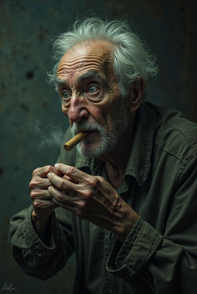 A decrepit, old man with a haggard face, showing deep wrinkles and sagging skin, smokes a cigarette. His appearance is a direct result of his long-term smoking habit. His yellowed fingers grip the cigarette as the smoke curls around his weary, tired eyes. His clothes are worn and tattered, adding to his overall disheveled and unhealthy look.