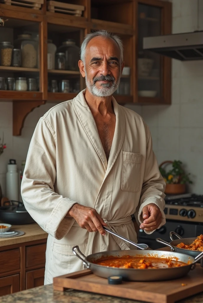 male chef, 50 years old, is in front of the camera, making paella, with a chef's cap, white mustache, white hair, arms crossed, with a beak, with a paejja casserole on the counter, best quality, master piece, Super Detail