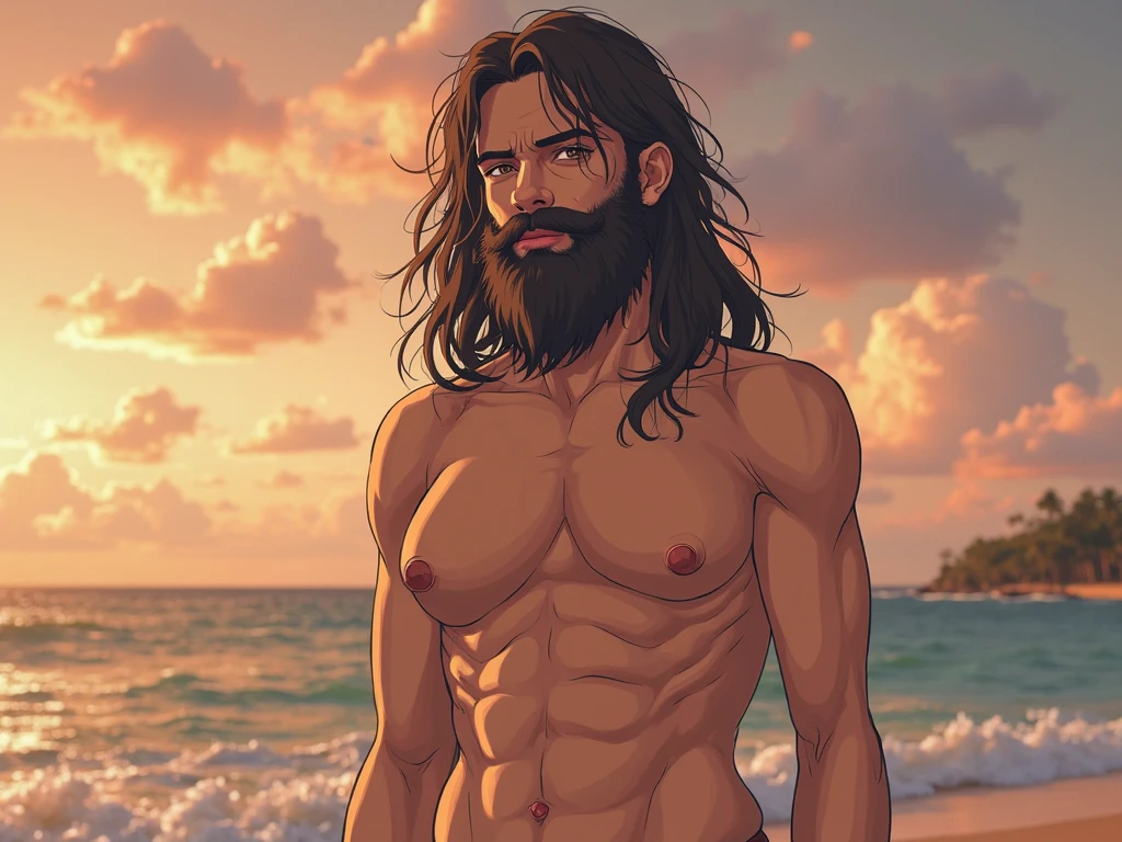 A brazilian man,muscular body, not exagerrated muscles, well defined abs, body shaped hourglass, sensual body, atractave body, beautifull face, confident pose, pubes hair, flacid uncut penis, sculpted abs, toned muscles, defined jawline, striking cheekbones, elegant facial features, sparkling green eyes, luscious long dark brown hair flowing down his back, on the beach