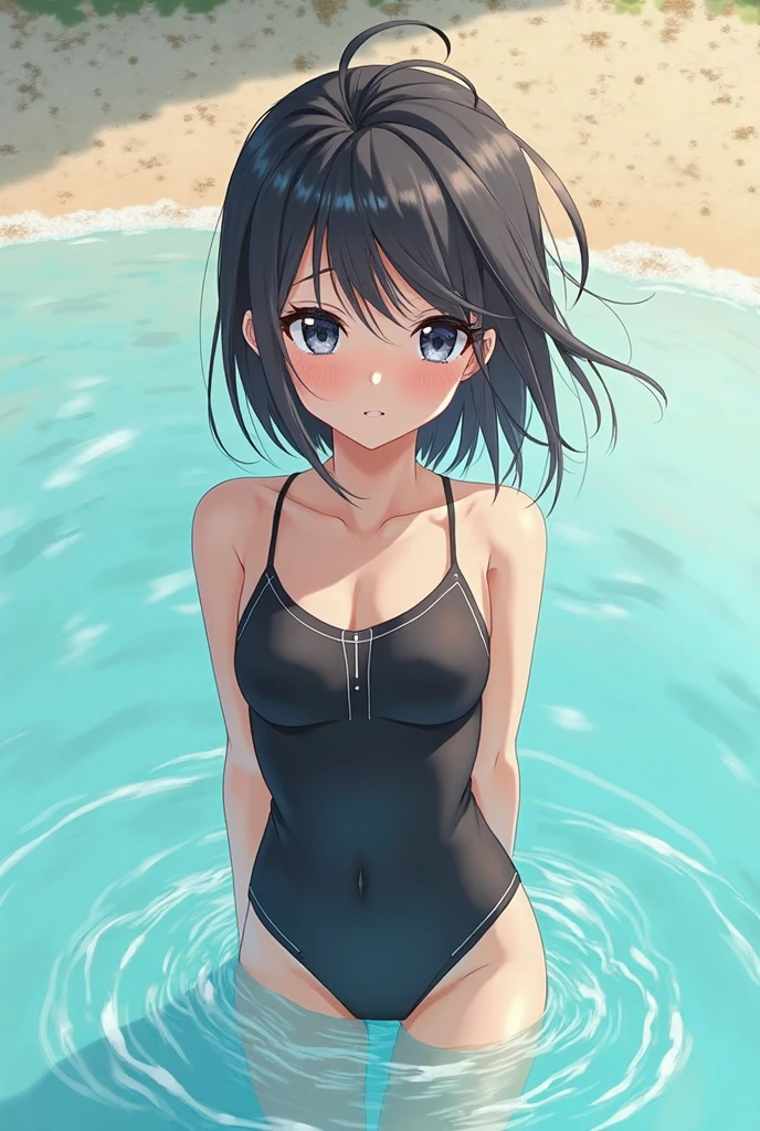 Girl in black swimsuit crouching anime