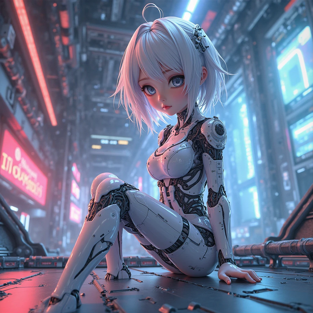 (masterpiece, Highest quality, Highest quality, Official Art, beautifully、aesthetic:1.5), (One girl:1.6), Very detailed,colorful,Most detailed ((Super detailed)), (Highly detailed CG illustrations), ((Very delicate and beautiful)),(From the side),Cinematic Light,((1. Machine Girl)),alone,whole body,(Machine made joints:1.9),((Mechanical limbs)),(Blood vessels connected to tubeechanical vertebra attaching to back),((Cervical vertebrae mechanically attached to the neck)),(Sitting)A severed leg and arm,Expressionless,(Wires and cables around the neck:1.8),(Overhead wires and cables:1.8)(Character Focus),sf,White Background,(Blood:1.5),