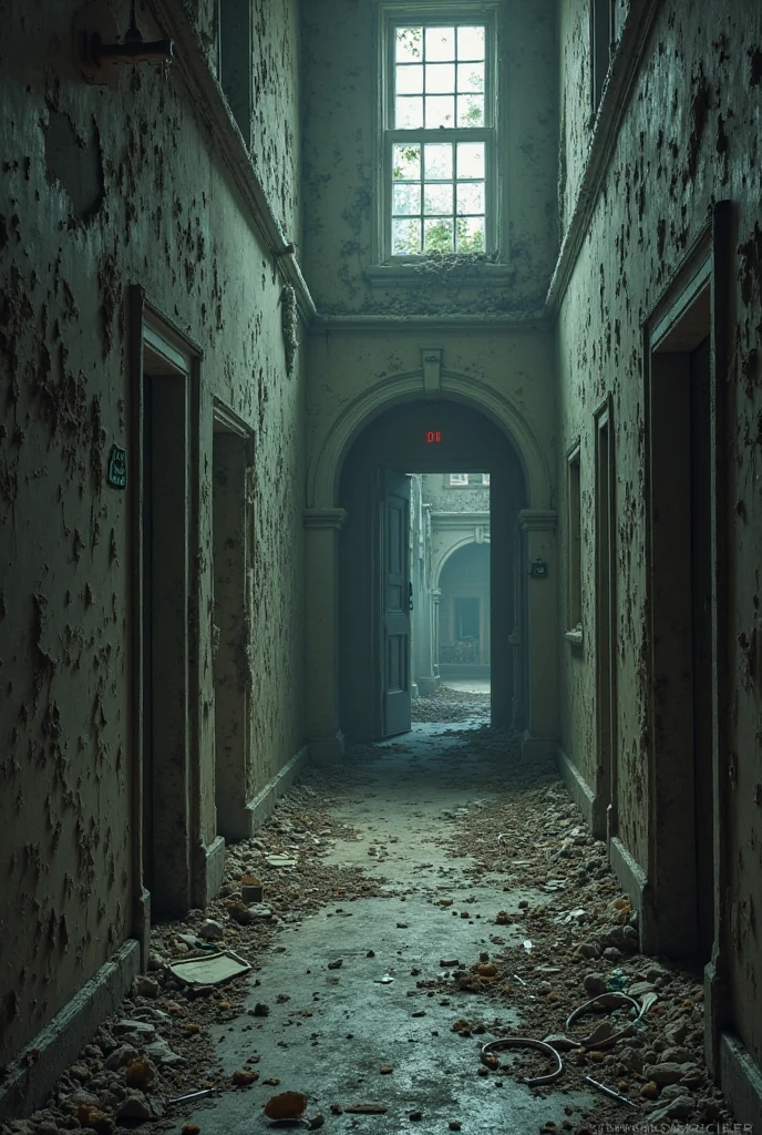 Dark and dusty hallway in an abandoned house