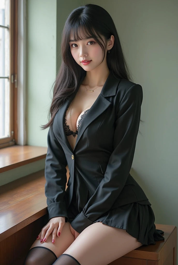 small breasts,whole body,Japanese, High resolution, (super detailed portrait:1.1),women attending a funeral,cleavage is visible, skirt suit