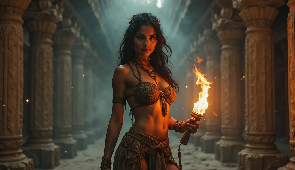 Goddess with long dark hair, holding a torch in his right hand, keys hanging from your waist and dogs around you