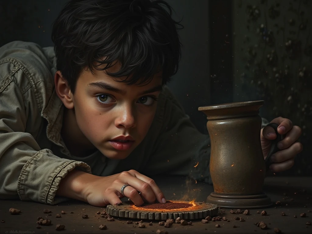 A boy in medieval cloths playing with blood and spiders