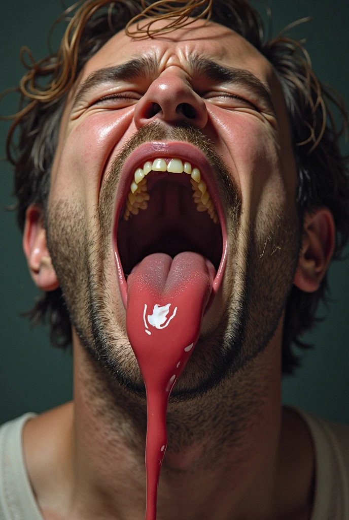 Realistic, muscular man, portrait, ((masterpiece)), ((best quality:1.2)), high resolution, 8k, (ultra_realistic:1.3), (photorealistic:1.4), wide open mouth, 1man, orange short hair, topless, young, Guy, muscle, wet tongue out, man, guy, drooling, tongue out