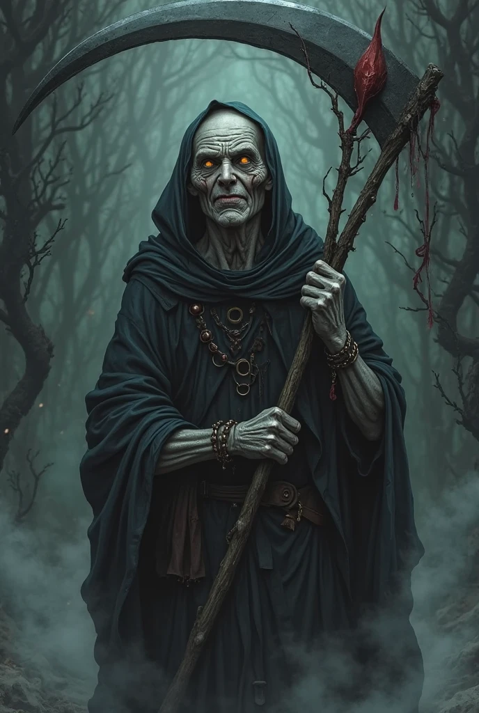 A dark image of an old witch in a dark place in front of a wattle and daub house