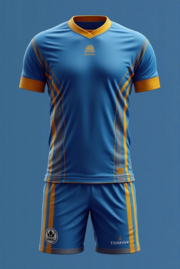 Custom soccer uniform in navy blue primary color with white and orange details and black shorts with a crest on the left side of the chest that says bela vista 