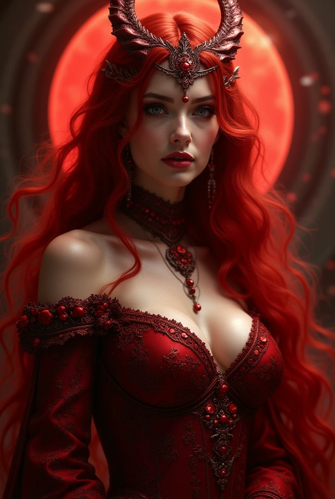 Femme démon rousse cheveux flamboyants yeux vert émeraude sexy charismatique reine des succubes et de la luxure arrogante jalouse démon Lilith deesse robe longue rouge moulante avec une fente a la jambe droite prise de vue corps entiers assise sur son trone démoniaque esclaves a ses pieds corps entier robe rouge rouge robe habillé en rouge