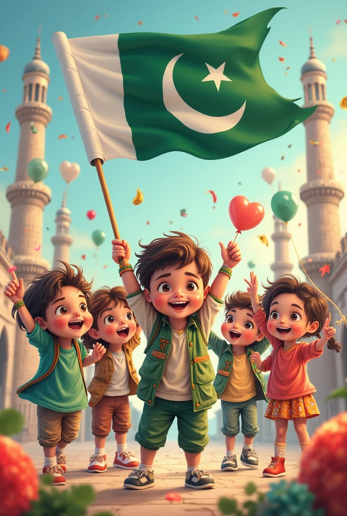 Happy independend day of pakistan youth celebrating 14th aug cartoon. boy weaing green shirt & white pant.  In corner 2 girls wearing green kammez & white shalwar. Carrying flags & cheering for pakistan.  Age of boys & girls are 15. Carrying flag correctly  as per pakistani flag
