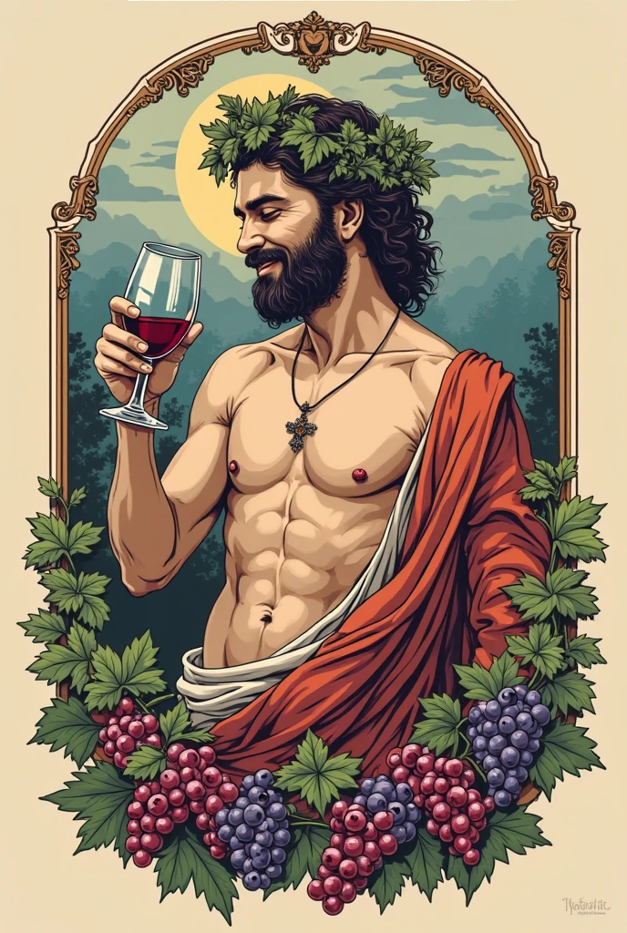 ((Man of supreme beauty, strong body)), ((beautiful blue eyes, long black curly hair)), ((wearing a tiny Greek toga, strong, sexy and sensual body)), ((with a glass of wine in hands)), ((man with beard)), God of orgy, God of sex, lascivious, ((Celtic mystical forest with satyrs and nymphs in the background), God of the Moon, A stunning portrait of a god, Frank Kelly Freas , style by Karol Bak, ((pretty face)), ((inspired by Caravaggio's paintings))