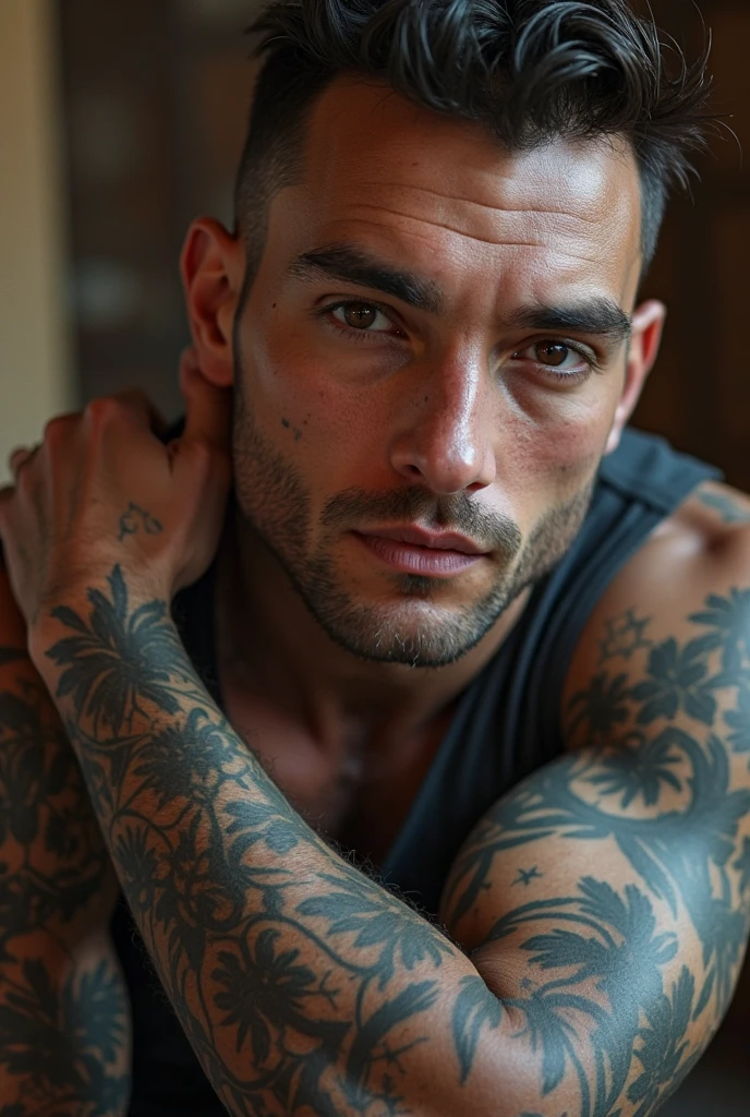 a young man AI high quality muscular tattoo with name “ruy” light skin tanned piercing gaze pink mouth with realistic animated bedroom background