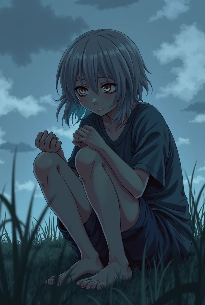 anime style, young adult woman, with blue right eye and green left eye, short white hair.
Sitting next to a grave.
is crying.