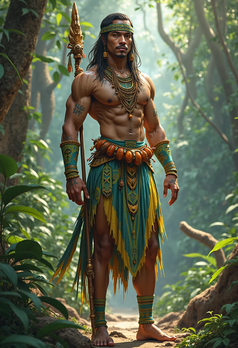 Full Body photorealistic 1 boy,Handsome,tall and strong,perfect male figure, eyes looking at camera, ((tanned skin)),forest,(primitive),naked feather hair accessories,Antler cap,Tribal totem,((Painted)),hide,black hair,serious expression,((animal bone necklace)),Ray tracing