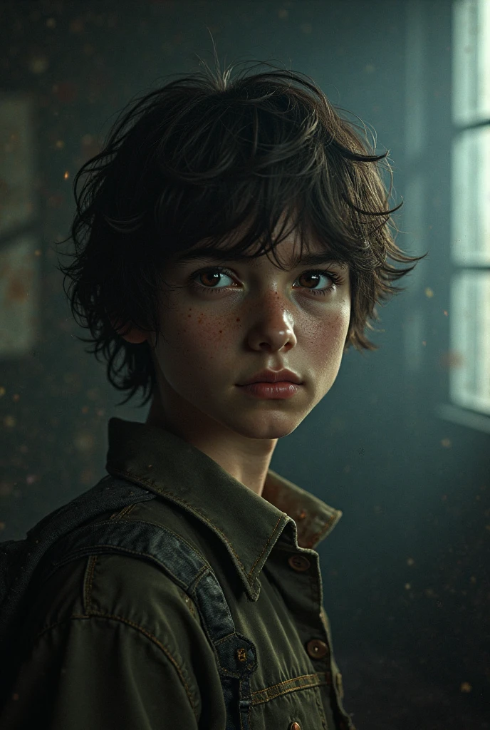 extreme detail, 8k, ultra quality, masterpiece, illustration, photorealistic, hyper realistic, intricate sharp details, dramatic lighting, oil painting, detailed eyes, detailed face, the world is bleak and desolate as a young handsome boy stares off into the ruins of an apocalyptic city that remained undisturbed for centuries, overgrown and crumbling, three fingers, steel and rusted structures