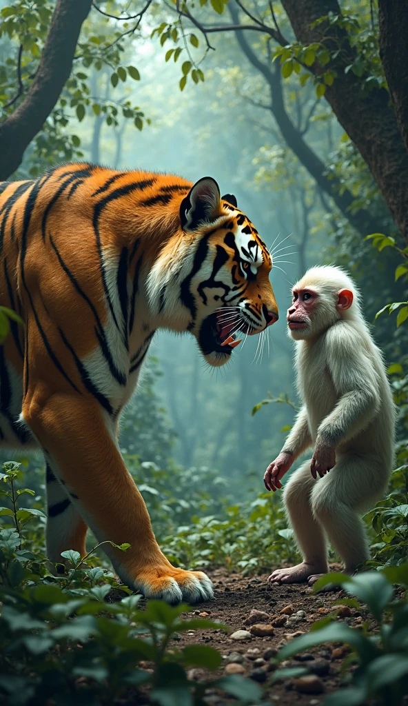 A white monkey with good physique fighting with tiger at mumbai street at night on the building