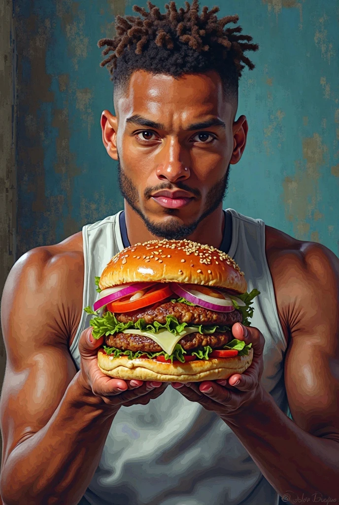 Handsome Indian pehlwan muscular hunk in tight denim sleeve less jacket with joggers with public hairs huge bulge wetty spot on bulge, eating burger in shopping mall, head to thigh view