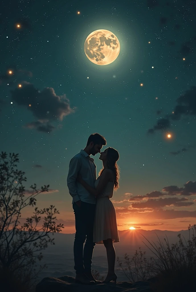 Pink world Under the moon there is a big tree, a lovely person should stand and hug each other 