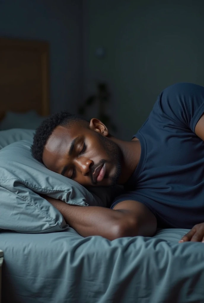 Create a hyper-realistic 8K cinematic image of a 4 athletic man with short, curly black hair and a medium brown skin tone. The scene captures him arriving home after a long day. He changes into comfortable, worn-out clothes—representing a state of relaxation and comfort. The focus is on the moment he collapses onto a bed with a deep sigh of relief, surrounded by the soft, warm glow of a cozy room. His tired, yet peaceful expression, combined with his casual, almost "indigent" attire, highlights the comfort he finds in this daily ritual.