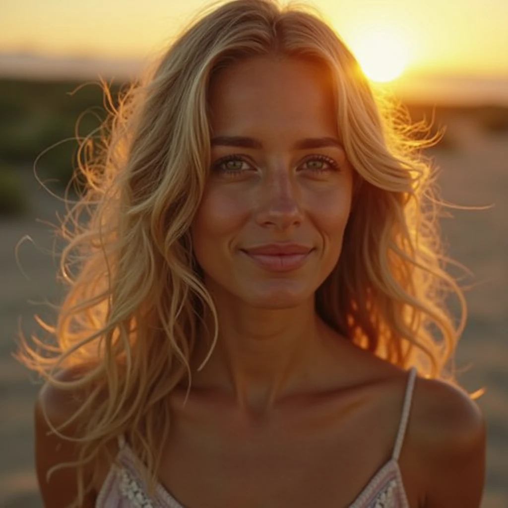 Salty Hair Sunrise:

Subject: A blonde woman (22) with windblown, messy hair, steps out of a giant beach tent at sunrise. The ocean shimmers in the golden light.
Technical: High-resolution camera (e.g., Nikon Z9), wide-angle lens (e.g., 35mm), capture the sunrise sky and ocean with the woman in focus.