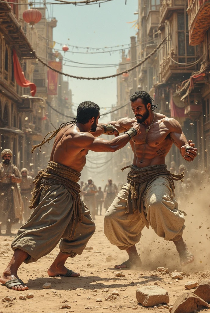 A common poor man killing hindu king using sword in front of large public