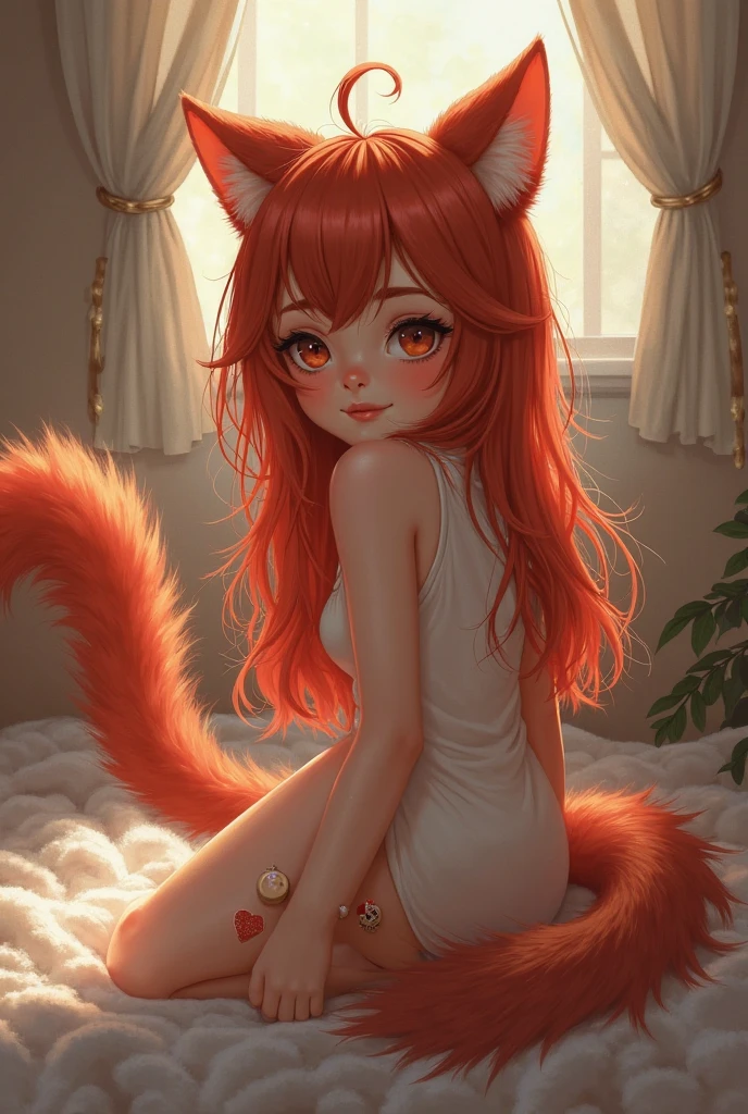 a young 11 year old girl with red hair, cat ears and tail, blue eyes, sweet, cute, petite, quiet, shy