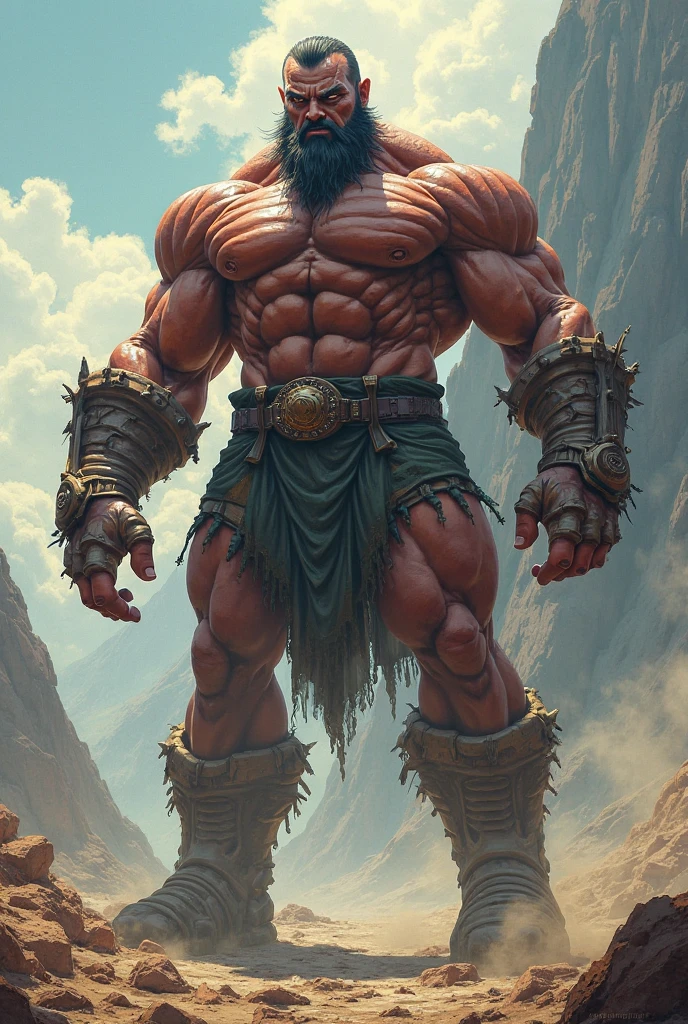 A burly, virile, and extremely hairy man who exudes an overwhelming sense of power and masculinity. His body is overmuscular and musclebound, with bulging veiny muscles that seem to strain against his skin. Broad shoulders and a wide chest adorn his massive frame, while his arms and legs are overly thick and defined, making him appear incredibly strong and imposing. His thick body gives him a hulking figure, with swelling muscles that seem to burst from every angle. The man sports a long, bushy beard and a thick mustache, adding to his rugged and masculine appearance. His grey hair only serves to further emphasize his age and experience, yet it does nothing to diminish his intimidating presence. His square-jawed face is set in a stoic expression, conveying determination and strength of character. Dressed only in a loincloth that struggles to contain his massive physique, this virile, hairy man stands tall and proud, exuding an aura of raw masculinity and unbridled power.