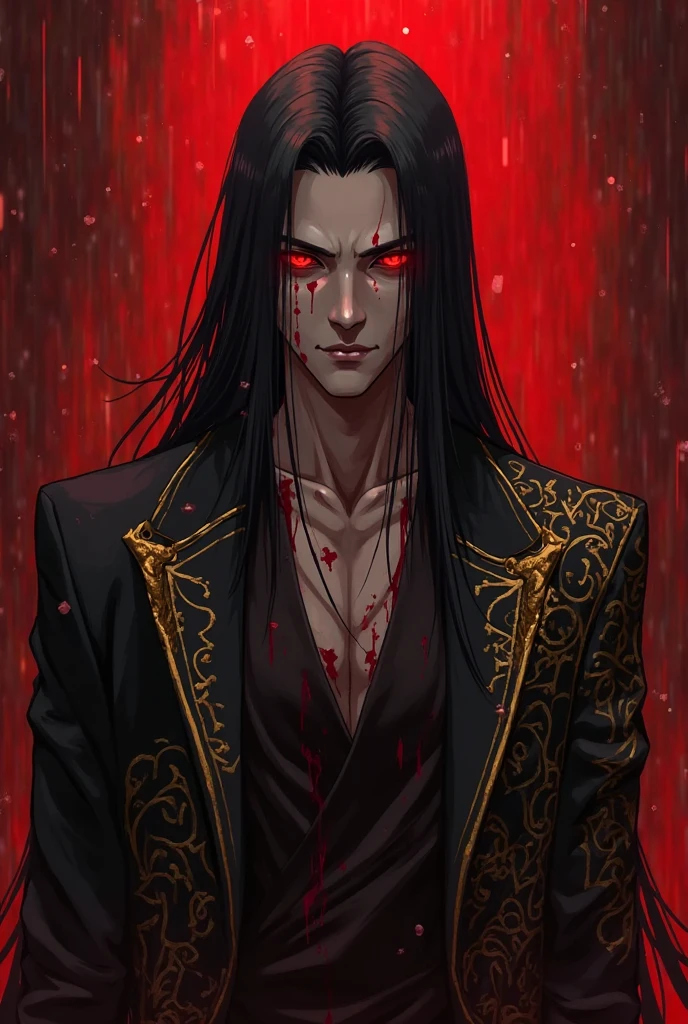 black hair, Long hair, Black-red eyes, Black and red robe, gorgeous, indifferent, man, red streaked hair, ahoge, hair over shoulder, very long hair, asymmetrical bangs, hair spread out, crazy eyes, devil eyes, expressionless, robe, character chart, tachi-e, panorama, Genshin Impact Style, super detail, Full body portrait, Vision, Gorgeous robe