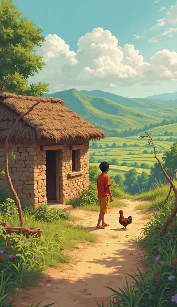 A small, rustic village with mud houses and thatched roofs. In the background, lush green fields stretch out under a clear blue sky. In the foreground, a young boy in tattered clothes, with a determined expression, walks along a dirt path carrying a small bundle of books. The village is alive with activity—people working in the fields, children playing, and animals roaming.
