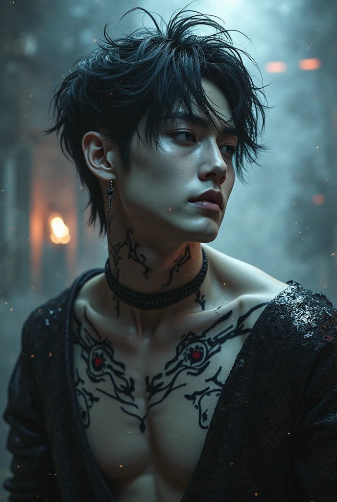 K-pop idol, male, Korean, shirtless, jewelry, dnd style, black hair, vampire, fantasy