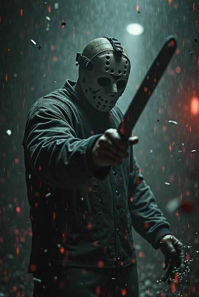 Jason Voorhees, wearing half mask revealing a caucasian man face, wielding a machete, cinematic horror style, realistic photo