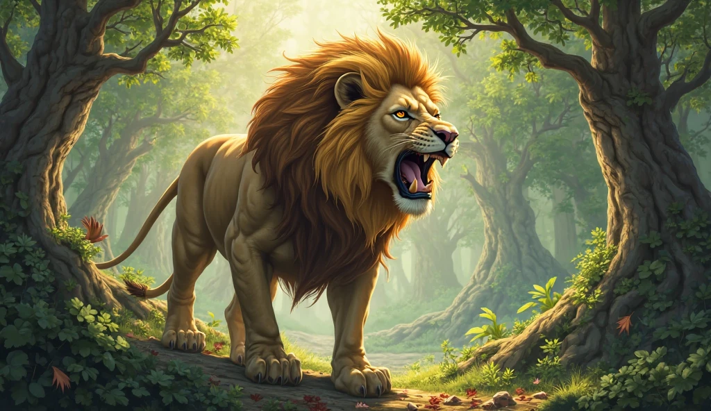 Motion scene, lion in forest leaping into the air attacking, epic, glowing yellow eyes, shiny eyes, sharp fangs, dim lighting, hyper realistic, cinematic lighting, intricate details, 8k, high quality, photorealistic, dramatic, powerful, majestic