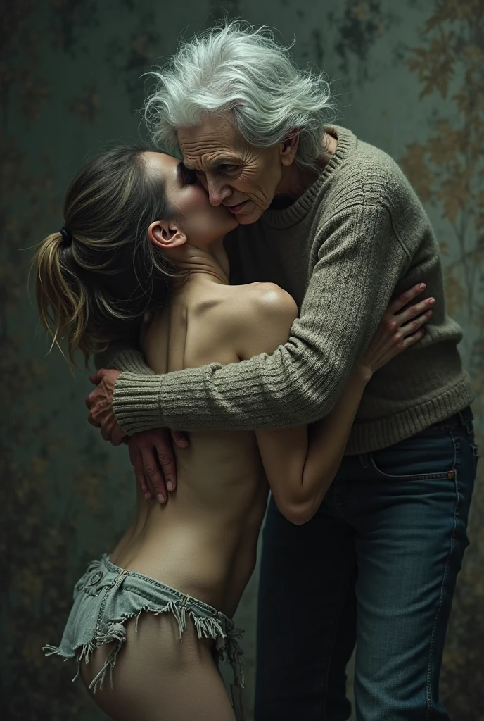 Create a photo of a 20 year old young woman, with a slender and beautiful body, with bare breasts and wearing black sweatpants, with white and clear skin, with long light brown hair, scared as she is being brutally attacked and pushed to the ground by a nervous 90-year-old elderly woman, obese, dark black skinned, who wears glasses and a blue dress.