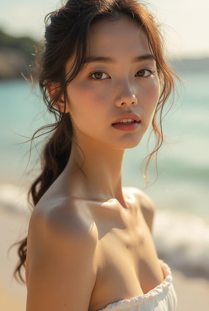 Photo of a Beautiful Korean Woman, perfect face, medium firm breasts, naked, film grain, cowboy shots