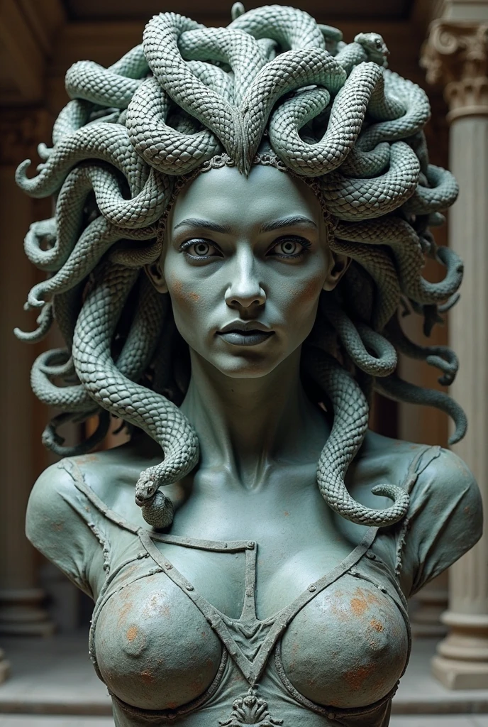 <lora:medusa_v8-000008:1>,close-up portrait photograph,medusa,serpent ragged cloth dress,intricate highly detailed gray blue (serpent skin:1.2),indoors background,