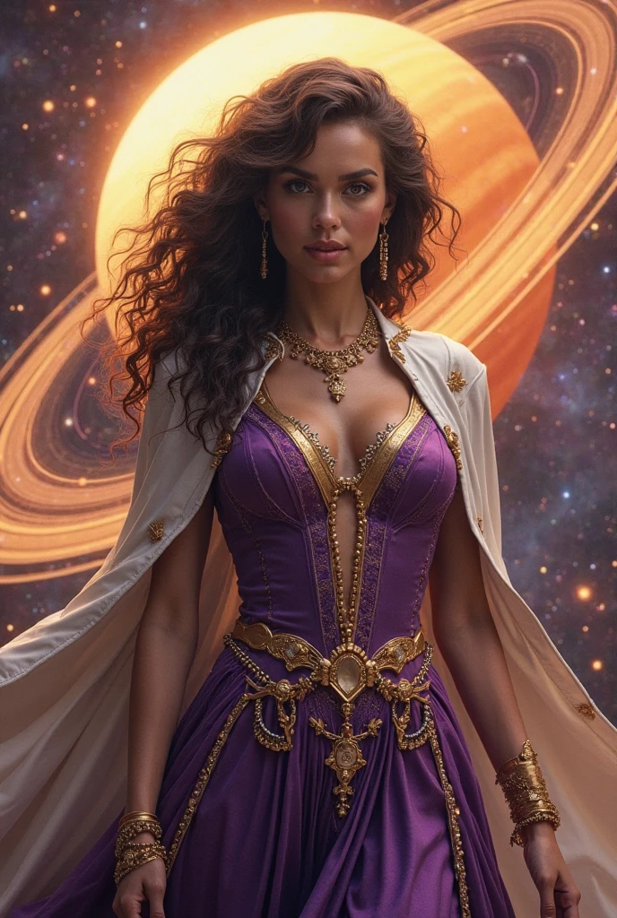 A time-traveling enchantress draped in a cloak that shimmers with the cosmos' timeline, holding an hourglass filled not with sand but with stardust, standing at the edge of a temporal rift with reality bending around her.