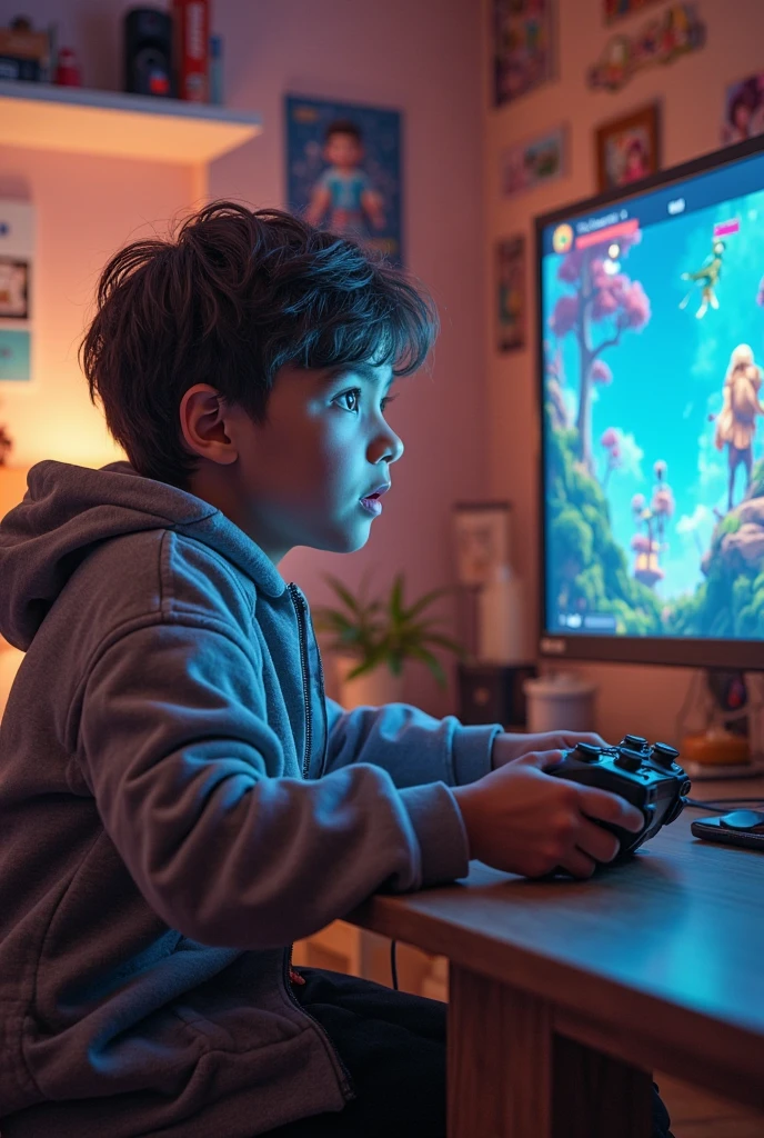  A boy 2 with blue jacket playing free fire in PC in a dark all lights off only PC screen light flex in his face