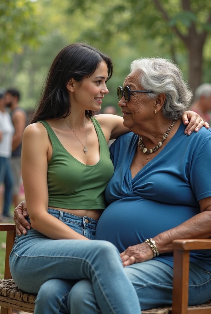 Create an image of a 90 year old lady, dark-skinned, that is fat, is wearing a floral dress and glasses. She is carrying on her right shoulder a 35 year old adult woman. , De pele clara, who has long brown hair, wearing denim shorts and a white lace bra and is being carried face down on the lady's shoulder