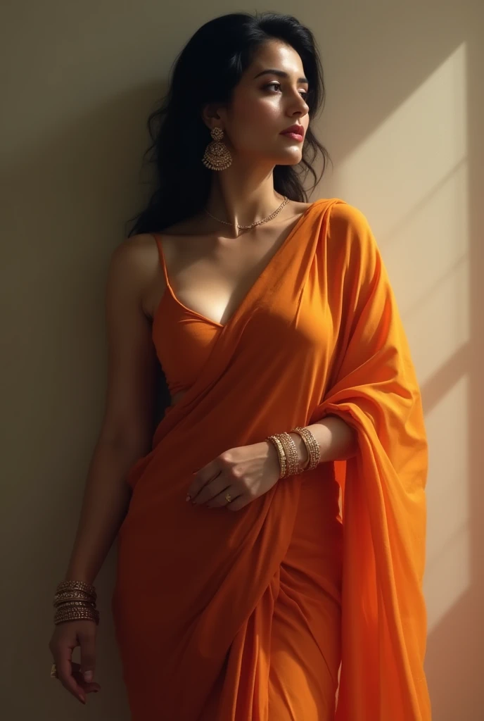 Girl in orange saree with deep clevage blouse and 32dd boobs 28 waist 34ass
